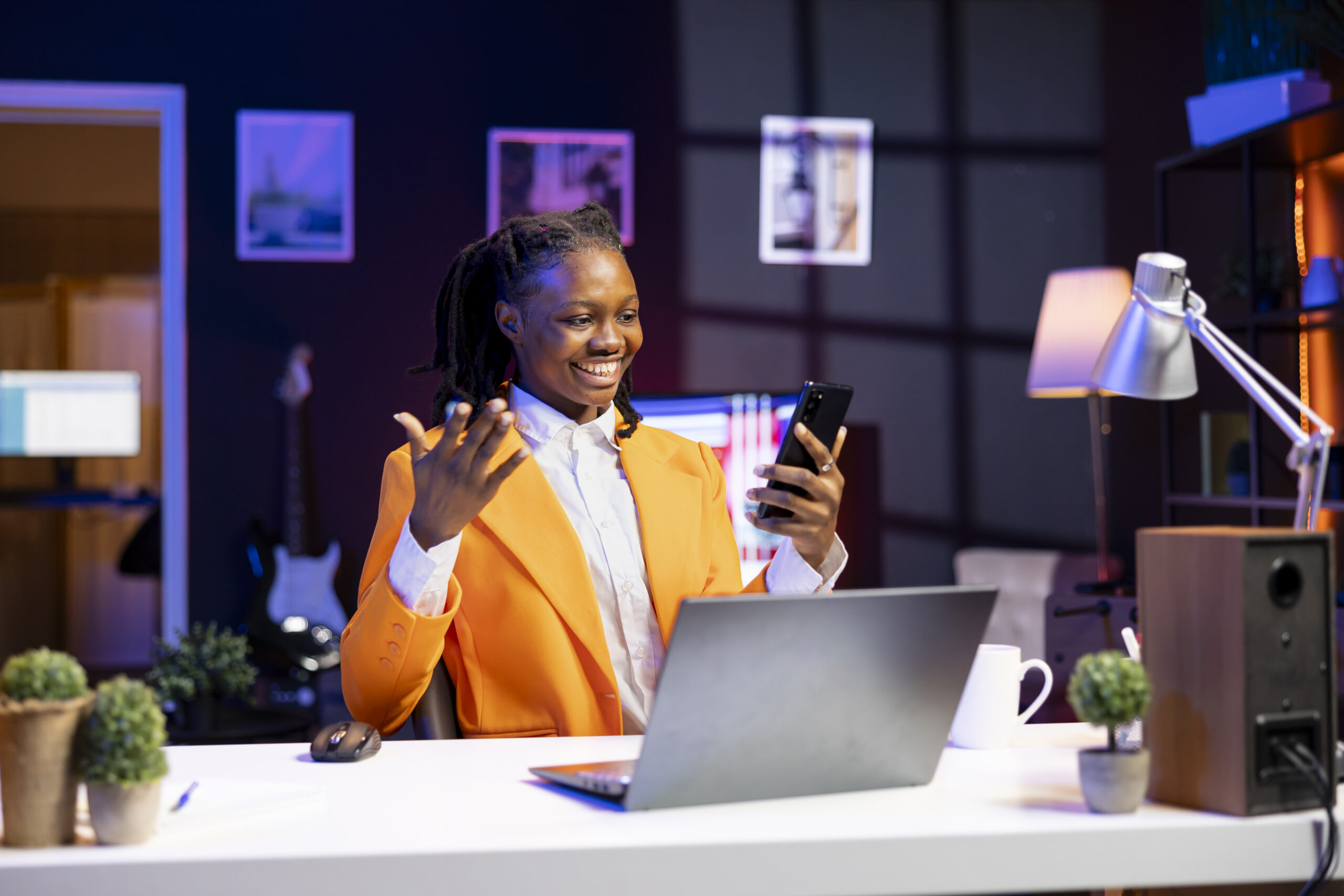 Happy Woman Relaxing Apartment Texting Friends Cellphone Scaled