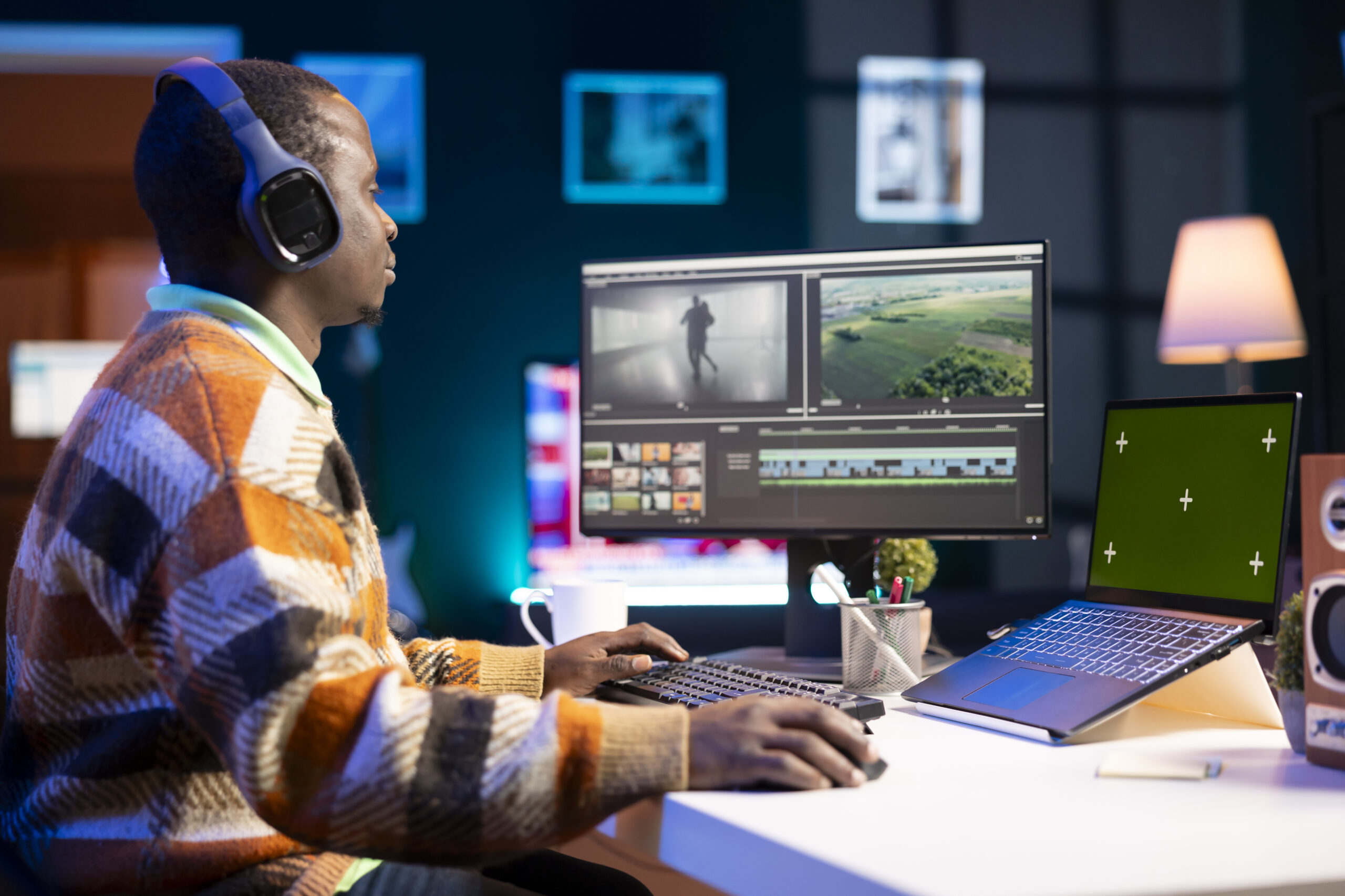 videographer creating visual effects on montage next to green screen